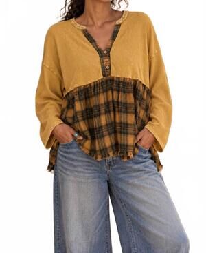 NEW SURELYMINE waffle knit plaid peplum henley tunic in mustard